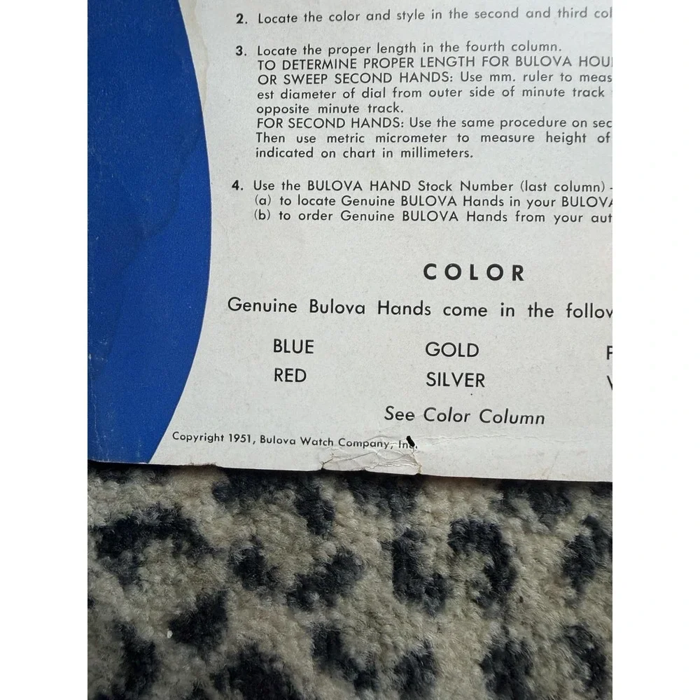 1951 Bulova Genuine Hand Catalog Watchmaker Jeweler Repair Parts Horology VTG